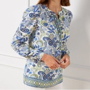 Talbots Petite Boho Popover Blouse Cornflower Blue Chartreuse Damask Paisley XLP